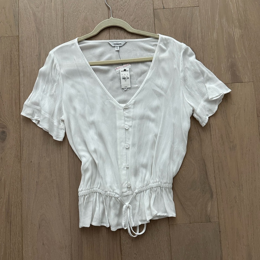 Express rayon button front cinched v-neck blouse
